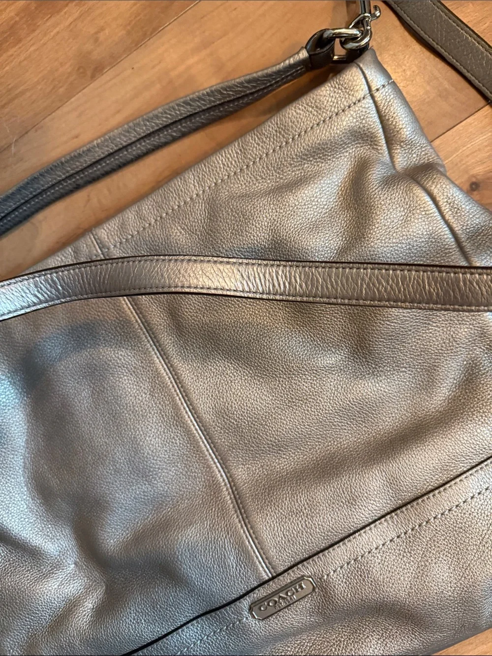 Coach Pebbled Leather Shoulder Bag in metallic silver